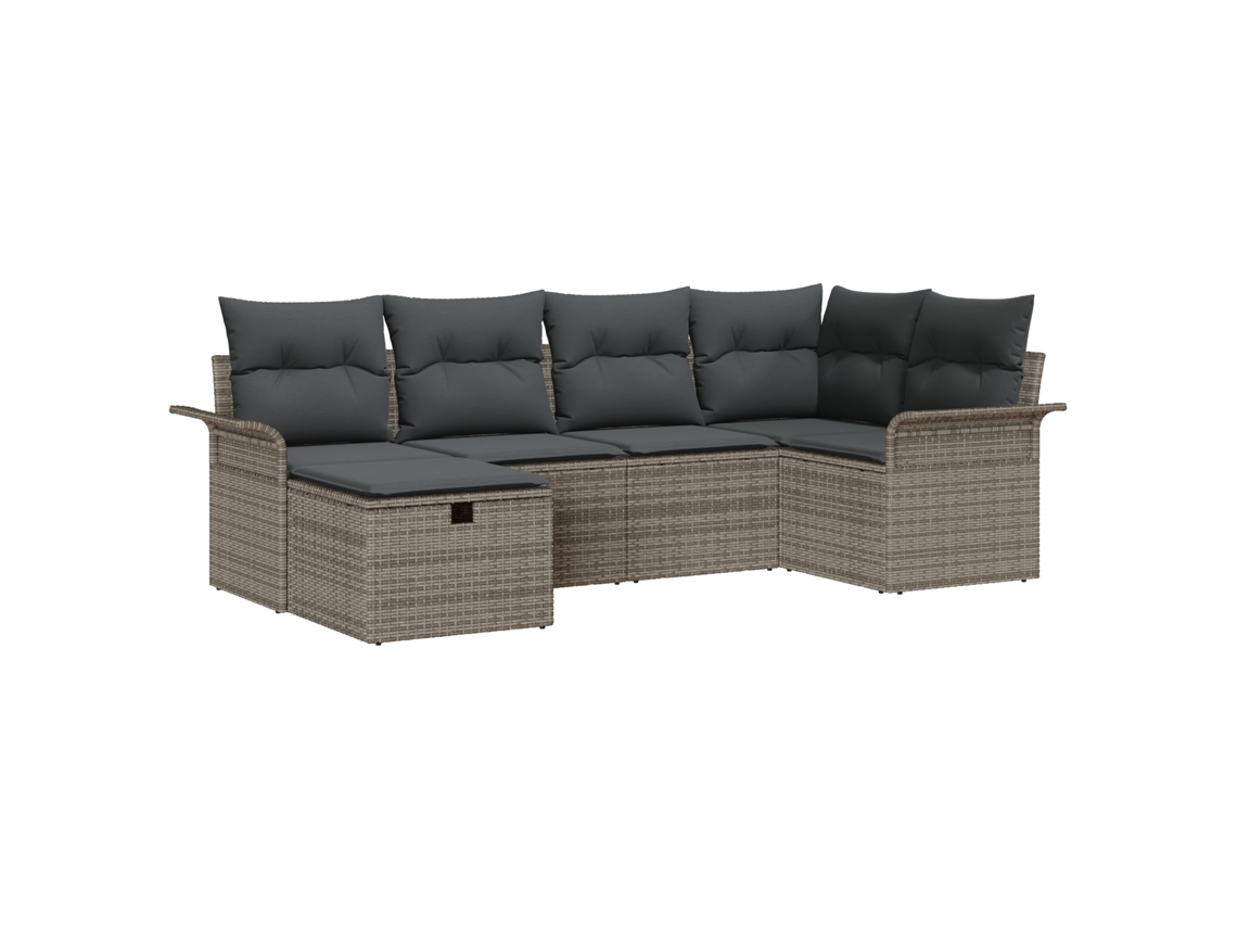 Conjunto de sofás de jardín Vidaxl de 6 plazas con cojines en ratán gris y gris oscuro, polipropileno y mimbre gris.