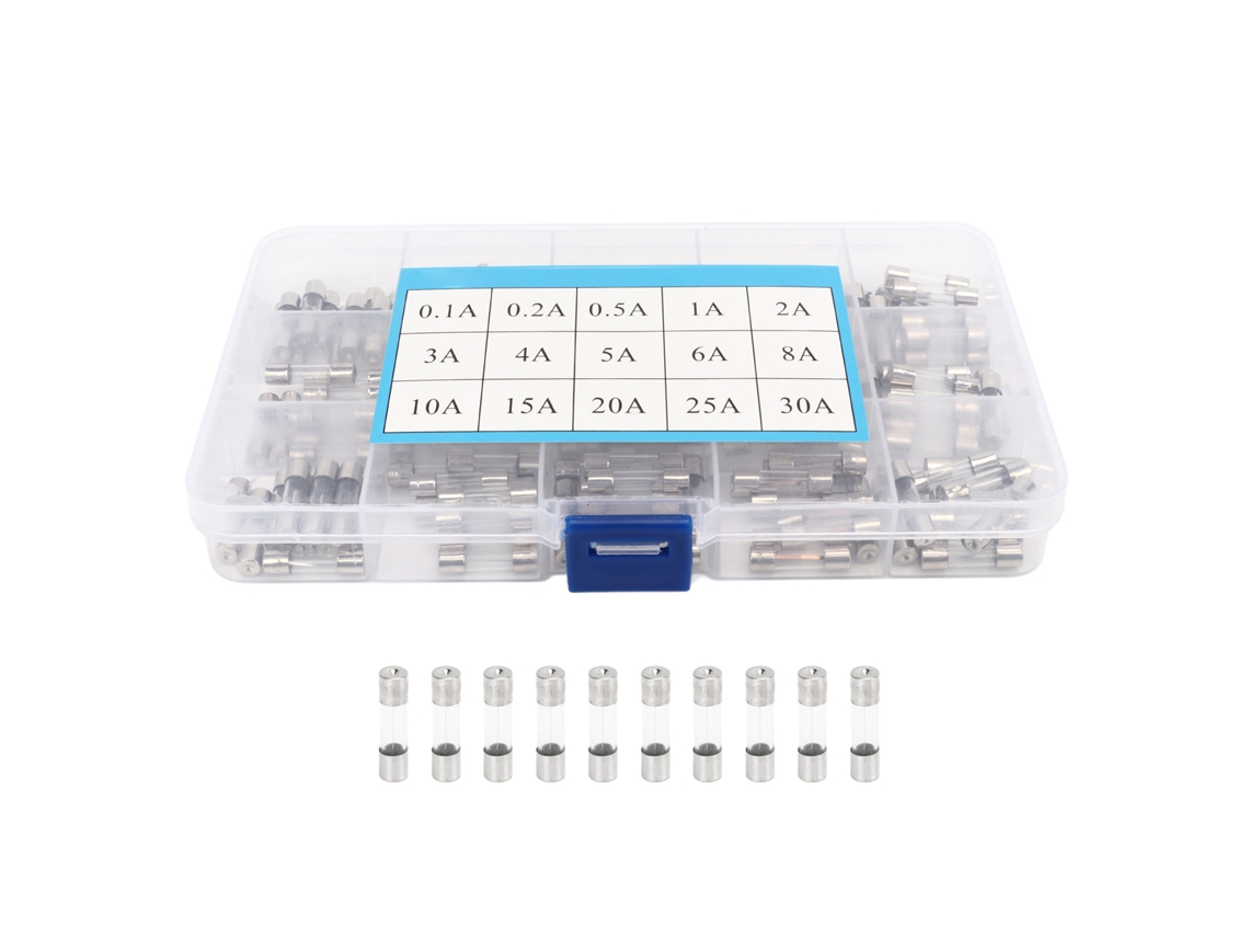 Kit de fusibles de vidrio de 5x20 mm, 150 piezas, 0,1 A - 30 A, 15 tipos para protección de circuitos.