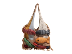 Bolso De Hombro Tote Bag Mujer En Punto Con Peces Y Flecos - Gran Capacidad - Estilo Lindo - Caqui