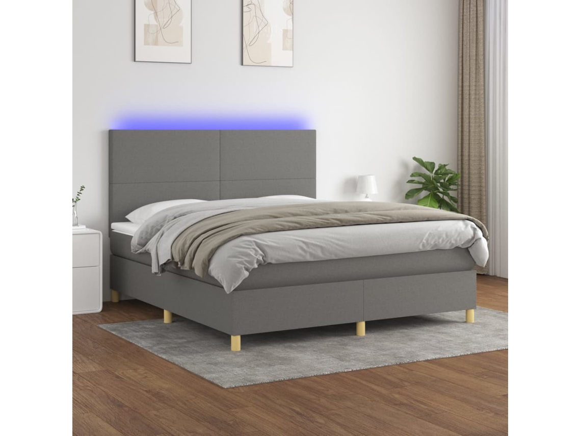 Cama Box Spring Colchón Y Luces Led Tela Gris Oscuro 160x200 Cm