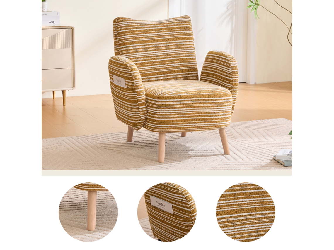 Sillón individual de 77x81 cm - Tela con estampado de círculos, bolsillo lateral, patas de madera - Amarillo mostaza