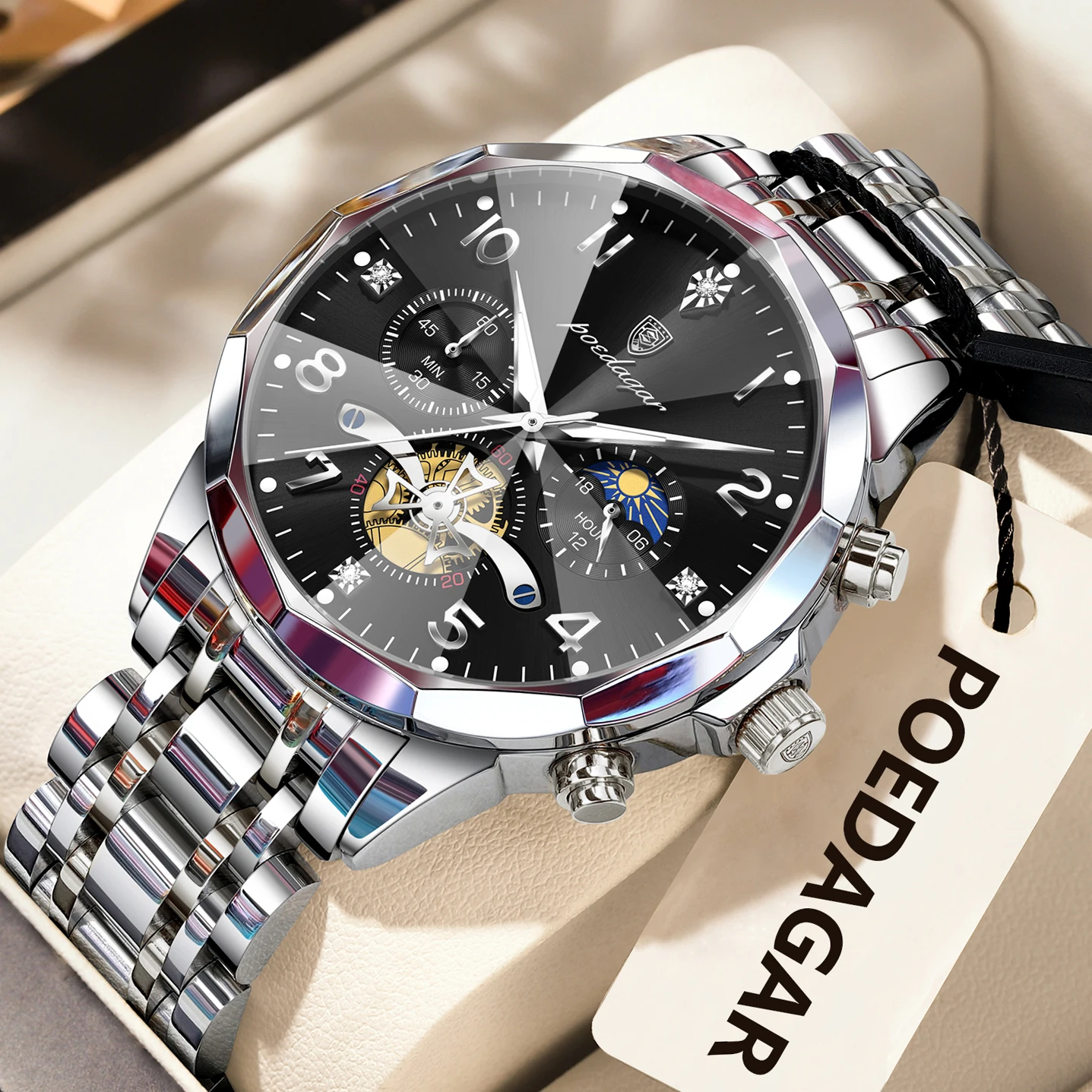 Reloj De Pulsera De Cuarzo Para Hombre, De Acero Inoxidable, Cronógrafo, Resistente Al Agua Y Luminoso (caja Plateada, Esfera Negra).