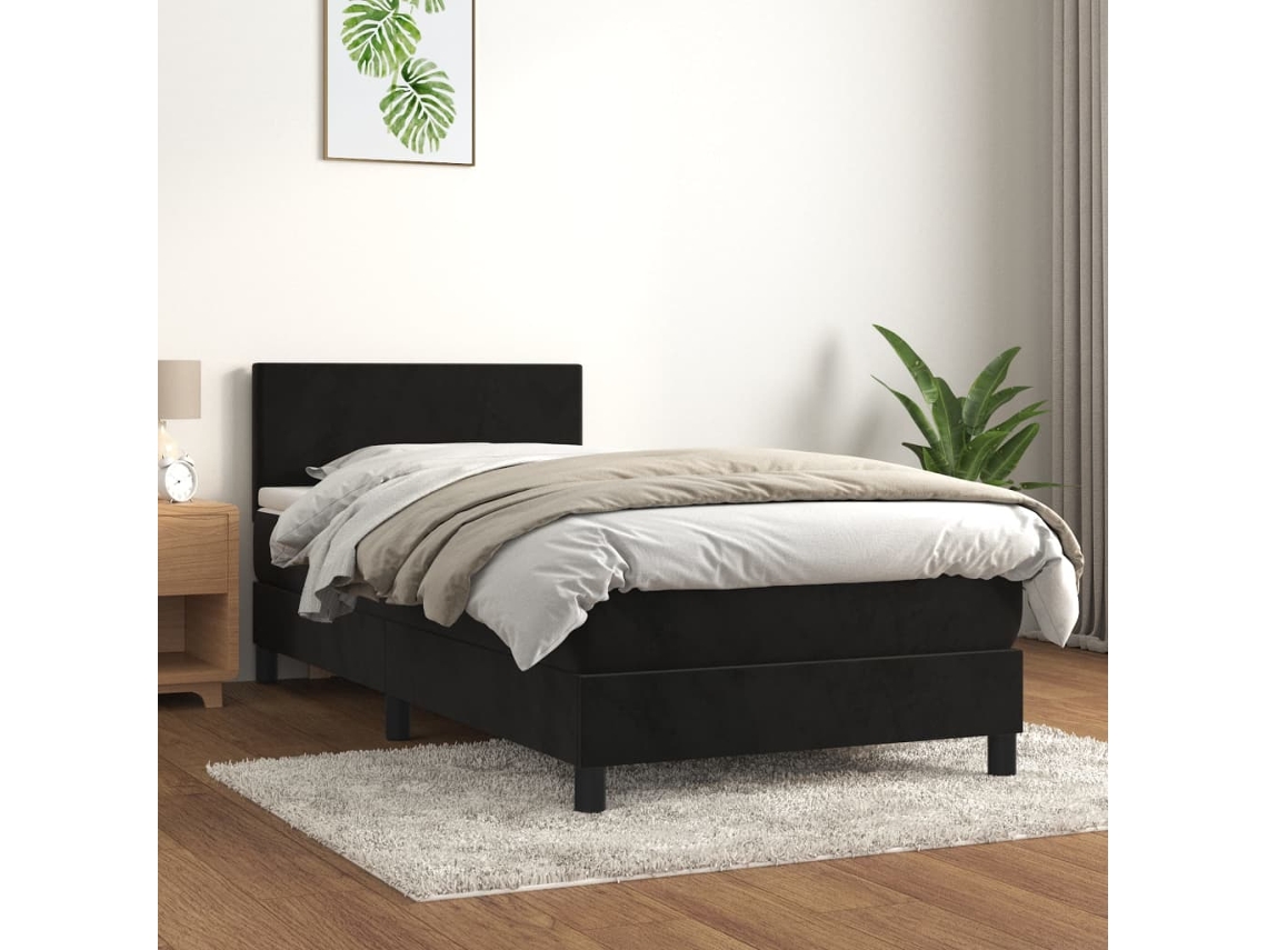 Cama Box Spring Con Colchón Terciopelo Negro 90x200 Cm
