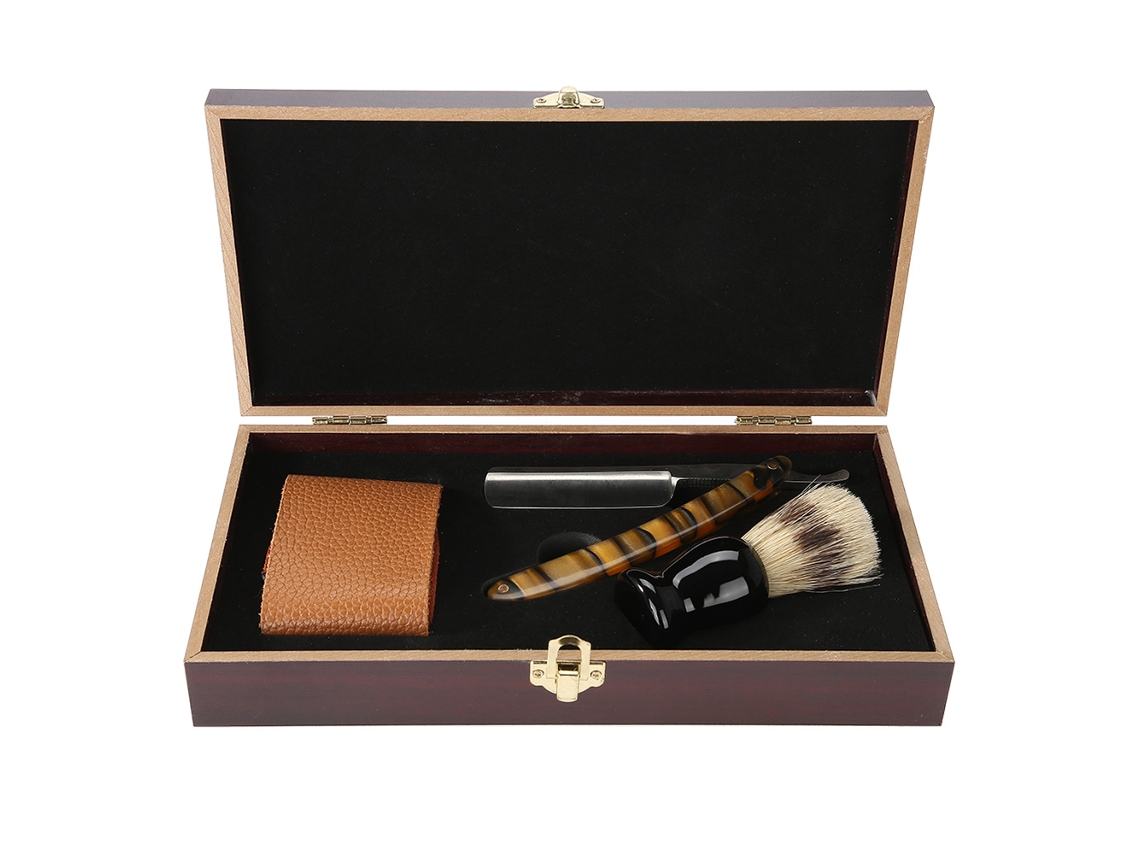 Kit De Barbear Com Lâmina Manual, Escova, Courro E Caixa De Madeira Para Homens