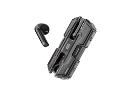 Auriculares inalámbricos Bluetooth 5.2 con sonido estéreo de graves profundos, estuche de carga y pantalla LED negra.
