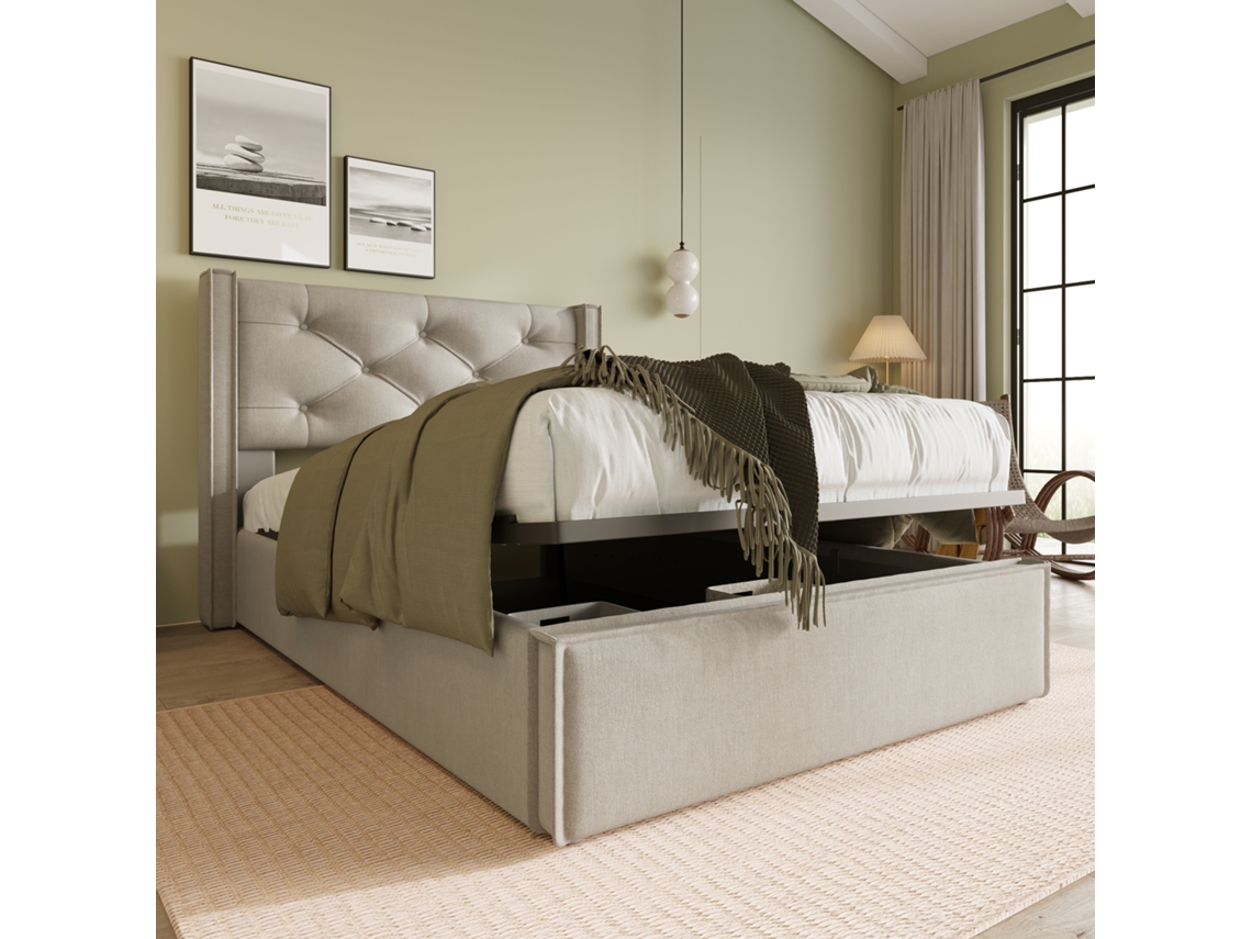 Cama tapizada con arcón de 90x200 cm en tela de algodón con somier de láminas gris claro