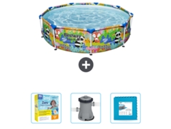 Piscina BESTWAY Round Steel Pro - 274 x 66 cm - Animal print - Incluida Paquete de mantenimiento - Bomba - Baldosas