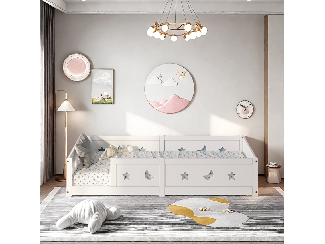 Cama Infantil Montessori De 90x200 Cm En Pino Macizo, Barandillas Con Estrellas Y Lunas, Pintura Segura Al Agua, Diseño Seguro, Color Blanco.