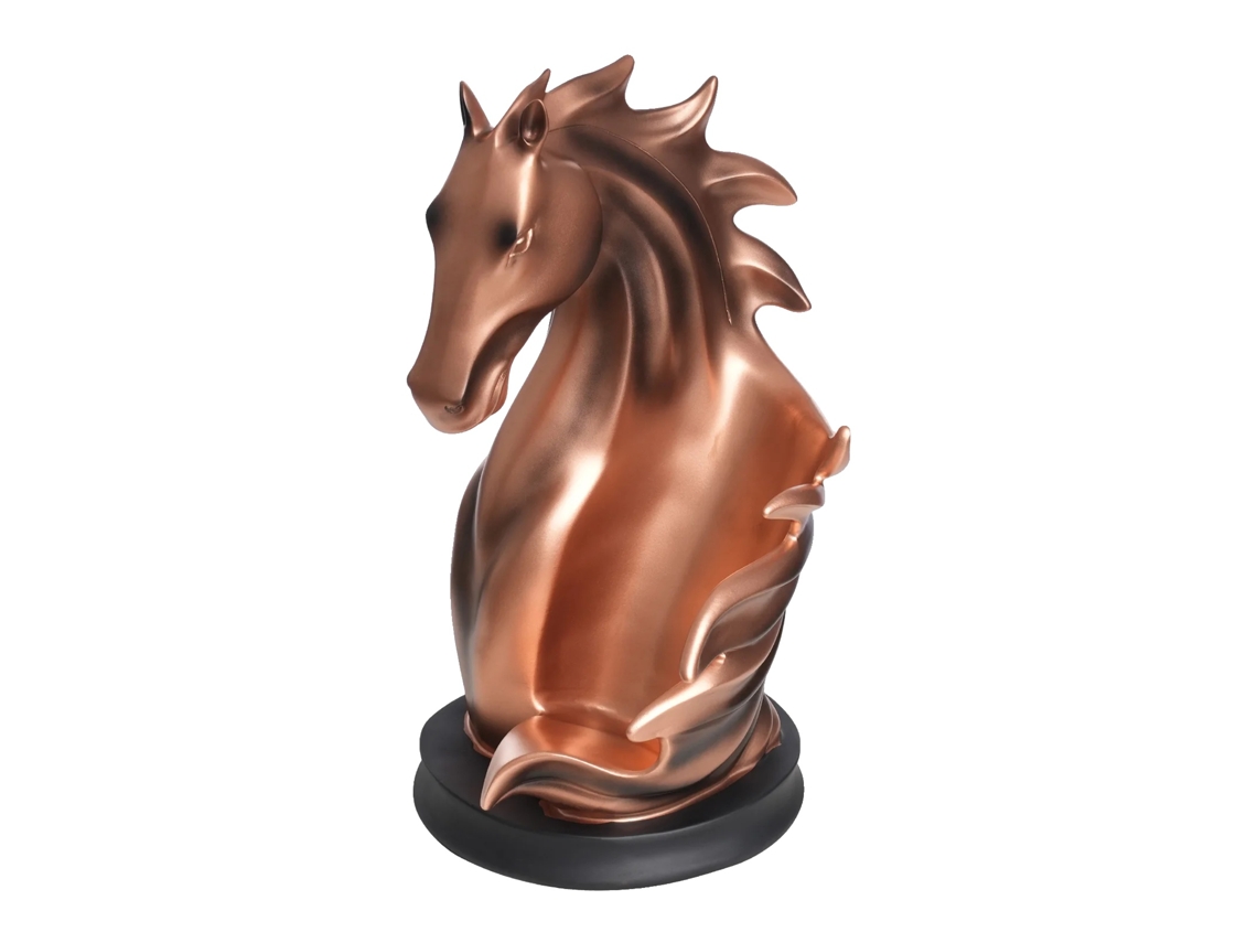 Soporte para botellas de vino, diseño único de estatua de caballo, construcción de resina duradera, acabado en cobre rojo.
