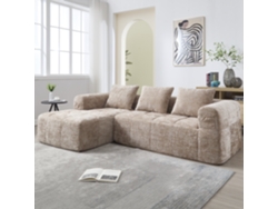 Sofá esquinero Mobrio de 3 plazas, chaise longue, reposabrazos, 3 cojines, bolsillos laterales, color caqui