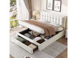 Cama Contenedor Acolchada 140x200cm En Terciopelo - Con Cajón Y Somier - Beige (sin Colchón)