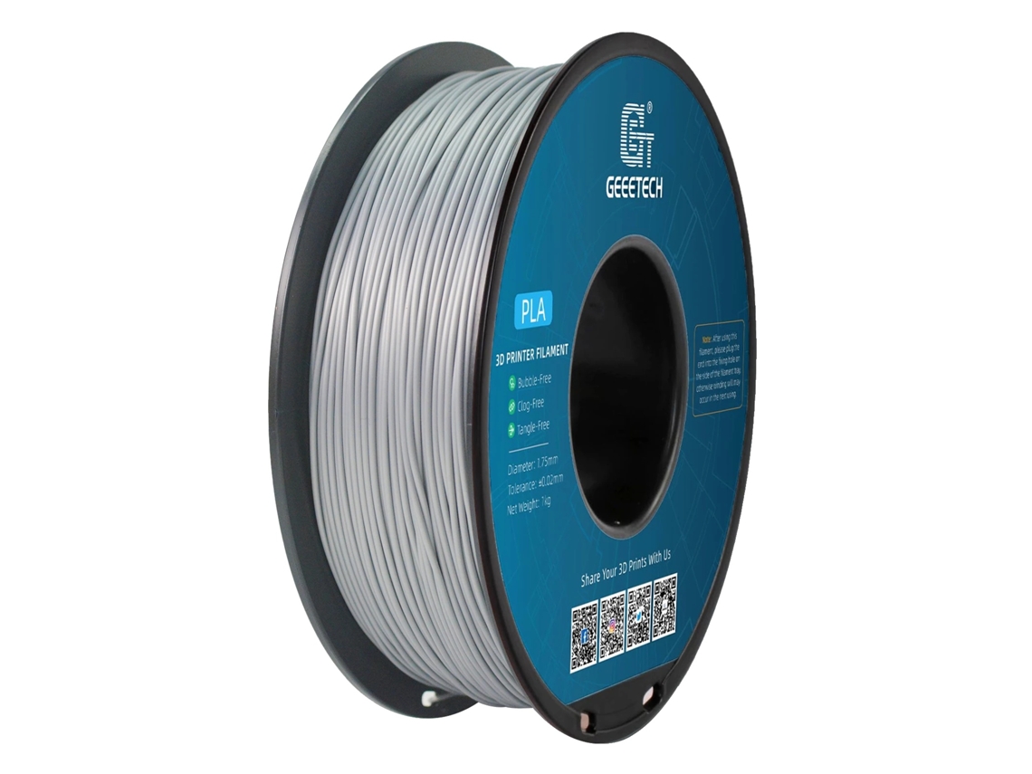 Filamento para impresora 3D, PLA biodegradable, alta resistencia, color plata.