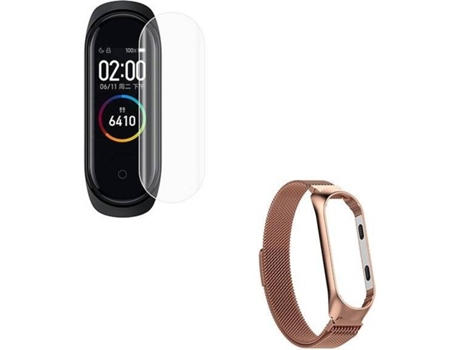 Kit Correa Milanese Loop Cierre Magnético + Protector Pantalla Gel Full Cover PHONECARE Xiaomi Mi Band 6, Mi Smart Band 6 Dorado Rosa