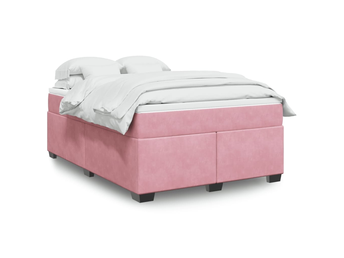 Cama Box Spring Con Colchón Terciopelo Rosa 140x200 Cm