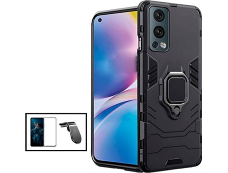 Kit Protector de Cristal Templado 5D Full Cover, Funda 3X1 Military Defender y Soporte Magnético L Safe Driving Coche OnePlus Nord 2 5G PHONECARE N...