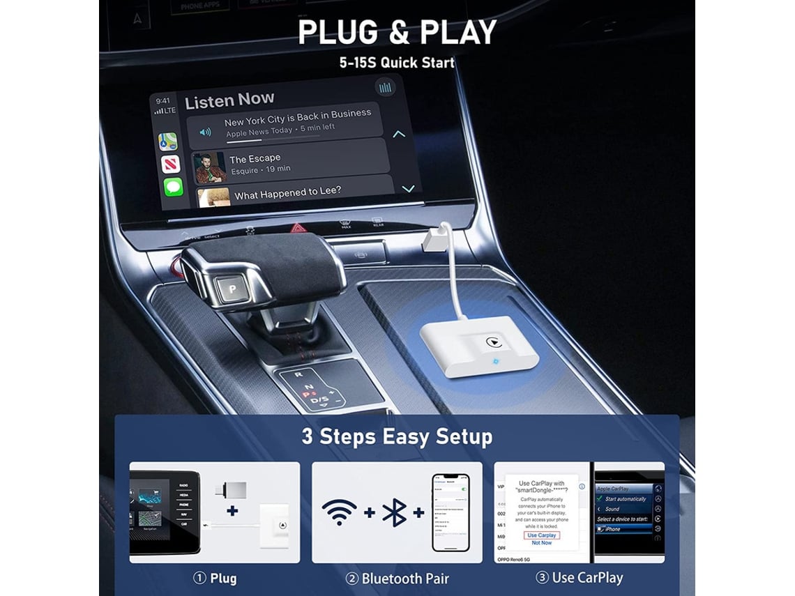Adaptador Carplay Inalámbrico, Plug & Play Apple CarPlay Wireless Adapter  Dongle para Convertir Fábrica CarPlay con Cable de Coche en carplay