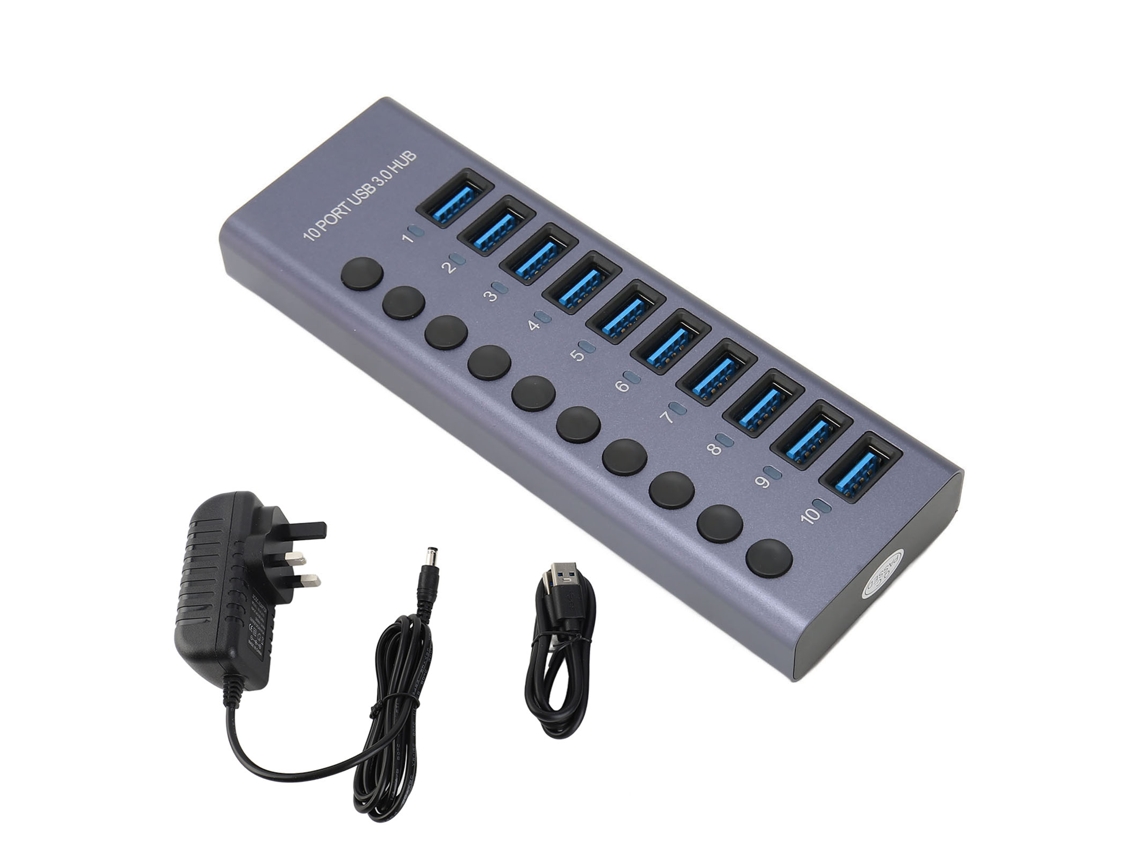 Concentrador Usb 3.0 De 10 Puertos Y 60 W Con Interruptores Individuales Y Adaptador De Corriente De 12 V Y 5 A Para Reino Unido.