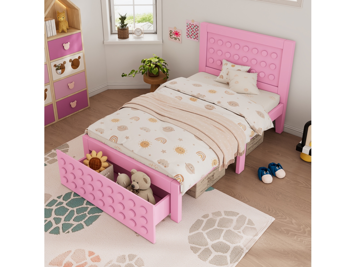 Cama De Madera Cama Individual 90x190 Cm, Cama Infantil Cama Juvenil Con Diseño De Bloque Creativo, Con Cajones, Rosa, Sin Colchón