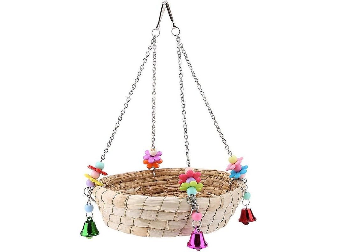 Juguete Para Pájaros Columpio Nido Colgante De Paja Duradero Safe For Cage Of Loros With Campanas