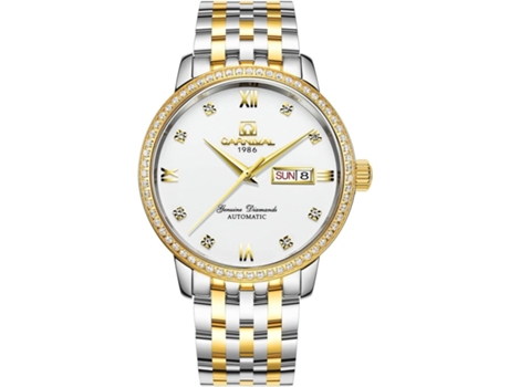 VEANXIN Reloj de pulsera automático de acero inoxidable con fecha en dos tonos y diamantes de cristal dorado-plata blanca