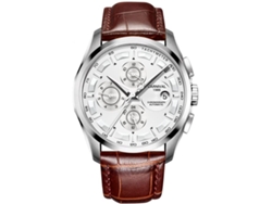 Reloj de hombre con funciones complejas, acero inoxidable, correa de piel marrón y oro rosa.