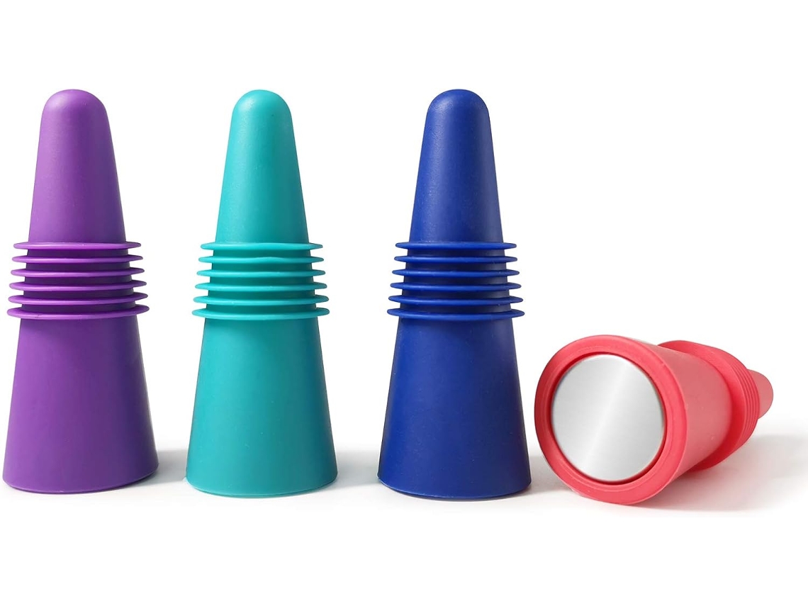 4 Conservantes Vino Silicone Colorado + Acero Inoxidable, Reutilizables, Tapas