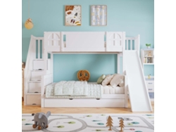 Cama Litera 90x200cm - Con Ventana, Tobogán, Cajones Con Ruedas, Escaleras Con Pasamanos Y 4 Compartimentos - Blanco