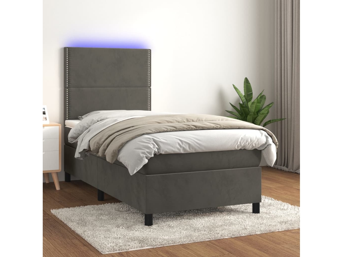 Cama box spring colchón y LED terciopelo gris oscuro 100x200 cm