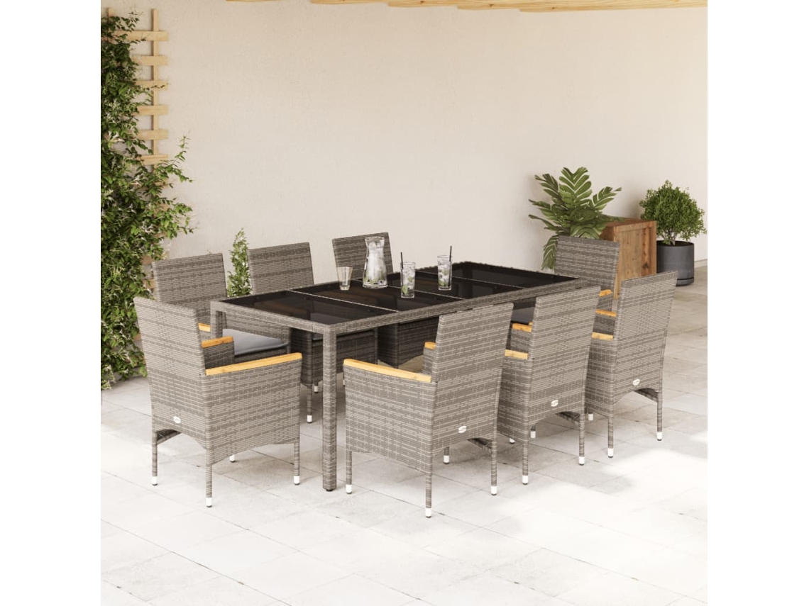 Juego de comedor de jardín de 9 piezas con cojines, mimbre, polietileno y vidrio, gris, Dkd Home Decor