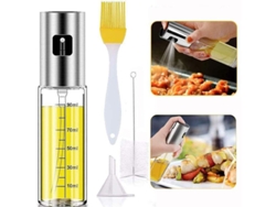 Pulverizador de aceite de oliva reutilizable 4 en 1 con cepillo, espátula y embudo para cocina, barbacoa y ensaladas.