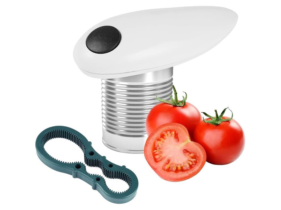 Abrelatas eléctrico automático Linjou con interruptor de un solo toque, manos libres, para cocina, aluminio, blanco.