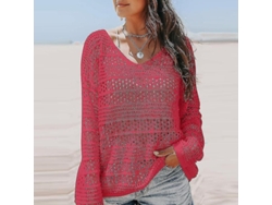 2026-chaqueta De Bikini Para Mujer Con Cuello V Y Encaje Crochet De Manga Larga Color Sólido Para Playa