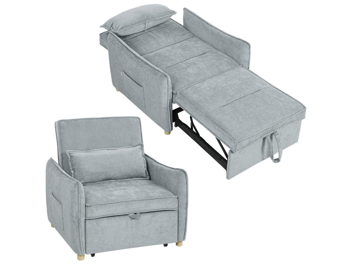 Sillón Convertible 3 En 1, Asiento Individual, Sofá Cama Clic-clac En Tapicería De Chenilla, Asiento Ancho, Respaldo Ajustable, 88x84x87cm, Gris