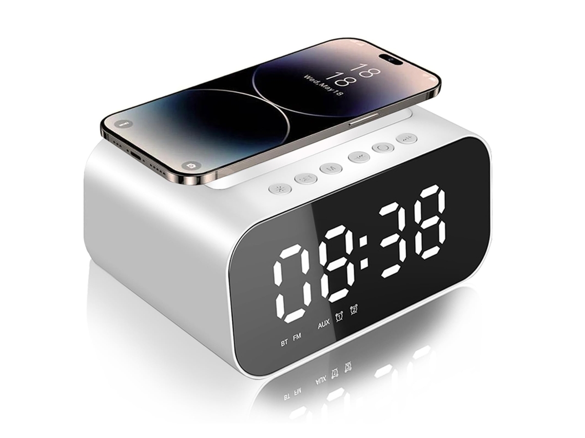 Radio Despertador Con Base De Carga Inalámbrica, Espejo, Bluetooth, Alarma Dual, Temperatura, 3 Niveles De Brillo, 16 Niveles De Volumen (bl