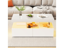 Mesa De Centro Blanca Brillante Con Led Multicolor 2 Cajones Y Enchufes Eu