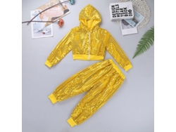 Conjunto de baile Rebe para niños y niñas con cordones brillantes para jazz, hip hop y estilo urbano, que incluye camiseta y pantalón, para edades de 7 a 8 años, color amarillo.