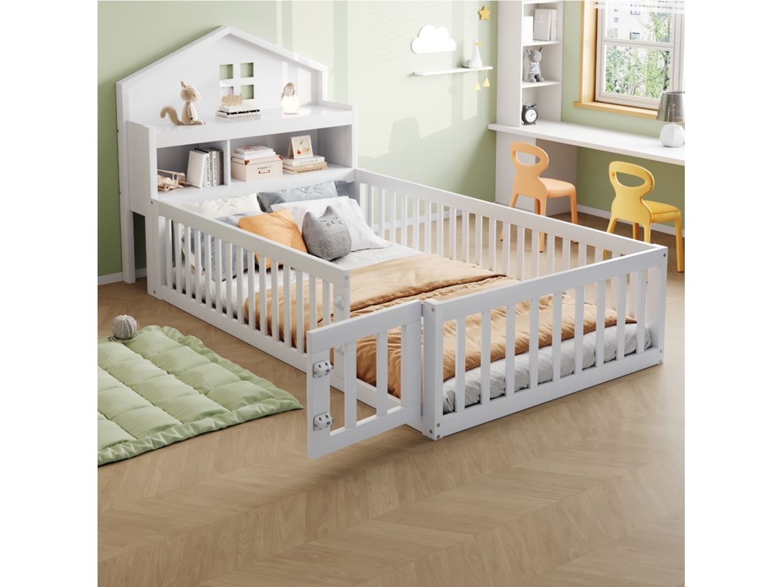 Cama Alta Infantil Blanca De 90x200 Con Estantes Educativos
