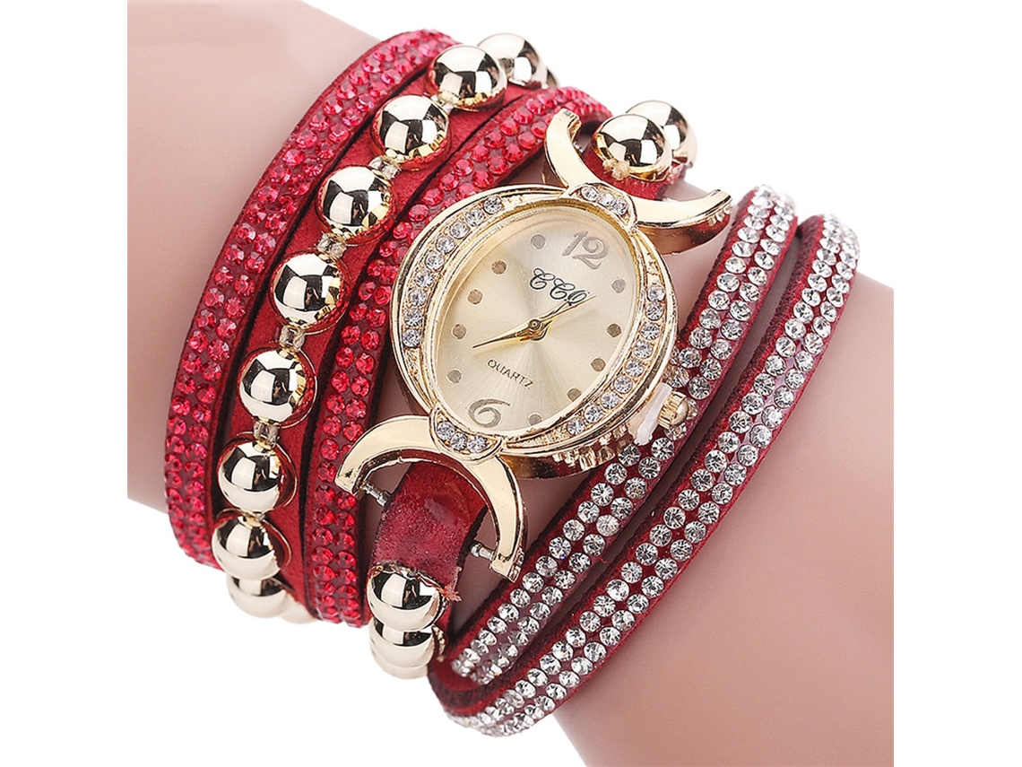 Reloj De Pulsera Analógico De Cuarzo Para Mujer Con Diamantes De Imitación Y Correa Redonda De Pu (rojo)