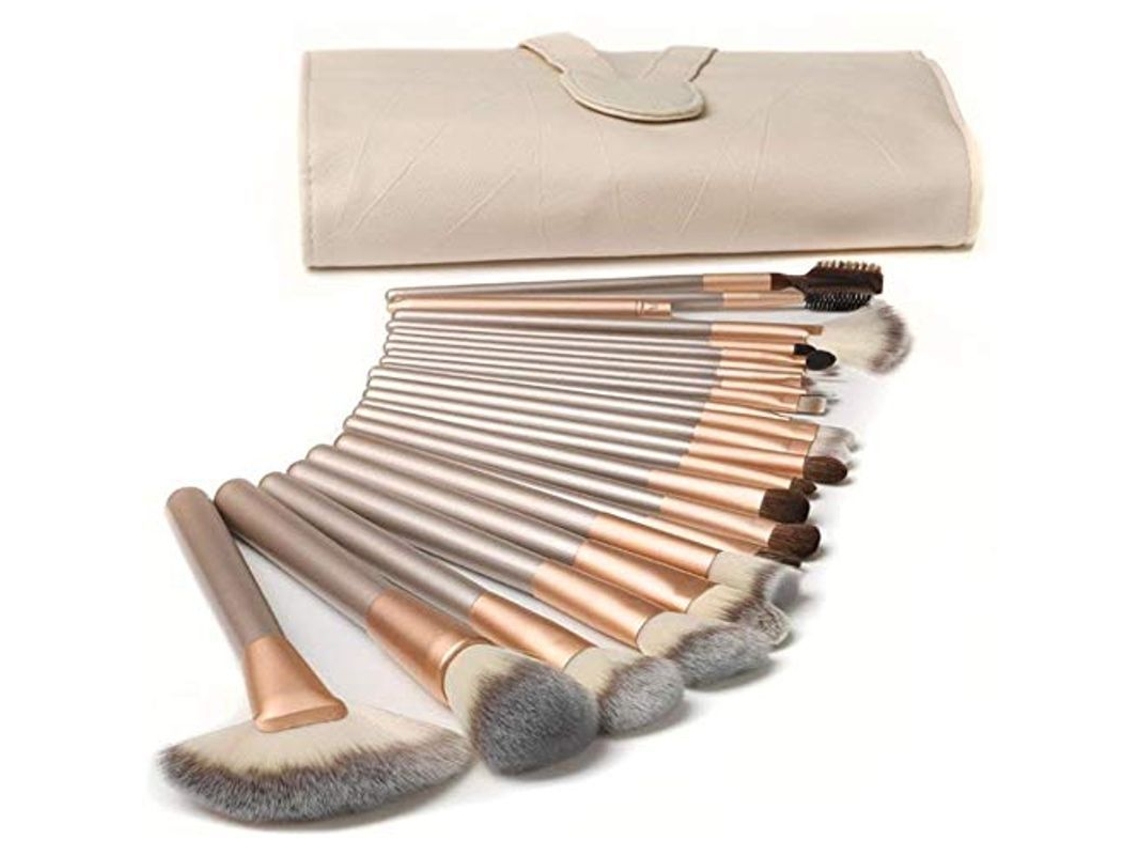 Brochas De Maquillaje Profesionales Linjou, 18 Piezas Con Estuche De Piel Sintética Beige.