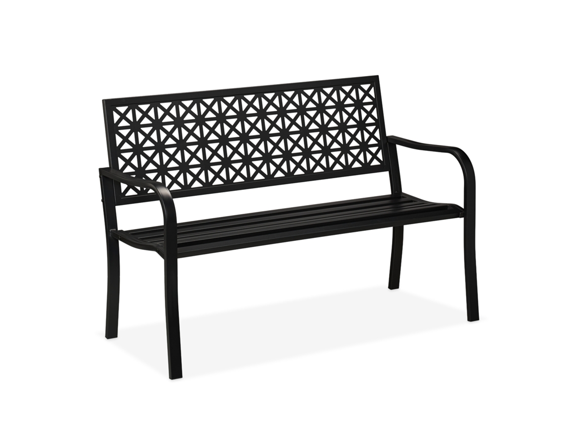 Relaxdays Banco Jardín, 2 Plazas, Terraza, Balcón, Acero, Diseño Geométrico, 85x127x62 Cm, Asiento Para Exterior, Negro