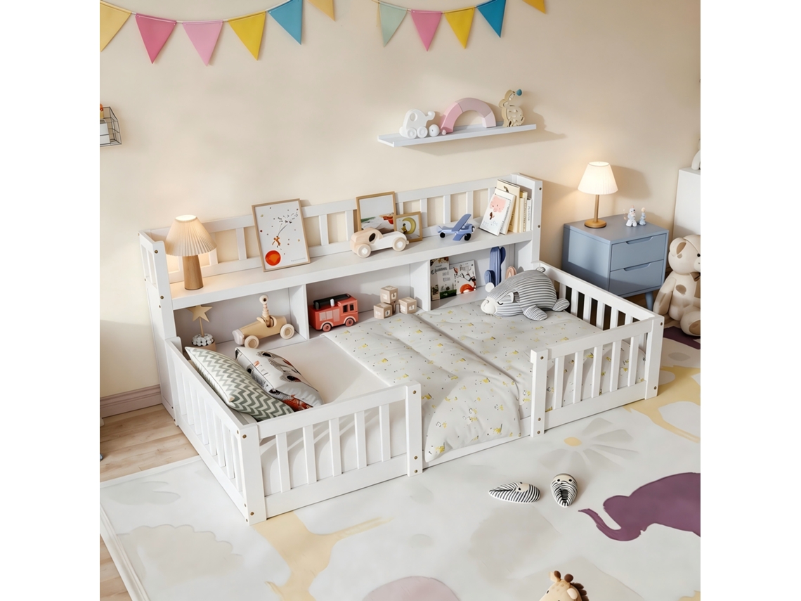 Cama Infantil Montessori De Suelo Madera Maciza Blanca | Estante Integrado,3 Compartimentos,barandillas Seguridad,listones Madera,90x200cm Rosahqnda