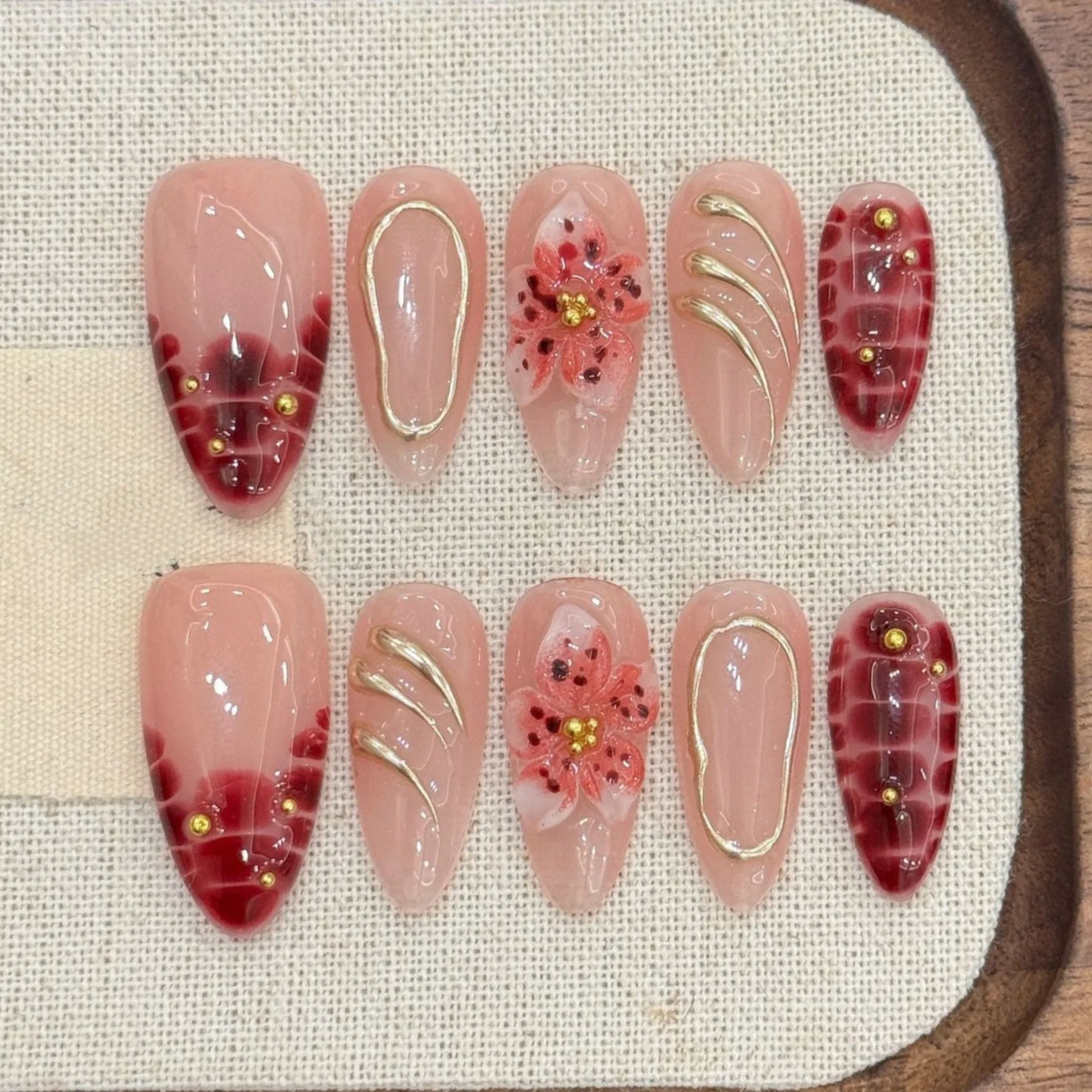 (2899-l) 10 Uñas Postizas Hechas A Mano, De Longitud Media, Forma Almendrada, Estilo De Presión.