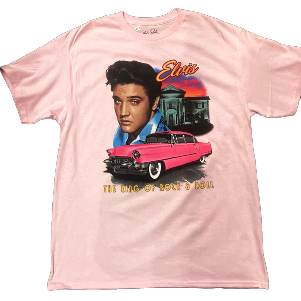 Camiseta Elvis Graceland Cadillac Rosa Unissex Rockinstone Tamanho: G