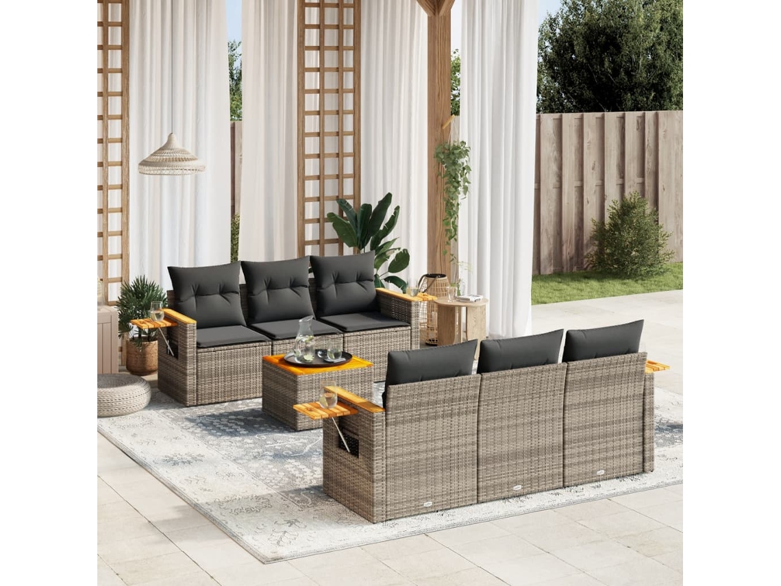 Conjunto de sofá de jardín de 7 piezas con cojines, mimbre gris, DKD Home Decor