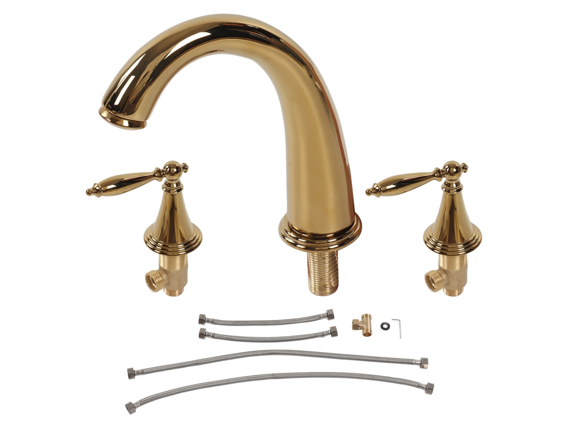 Grifo de lavabo de tres orificios y dos manijas de cobre dorado de estilo europeo