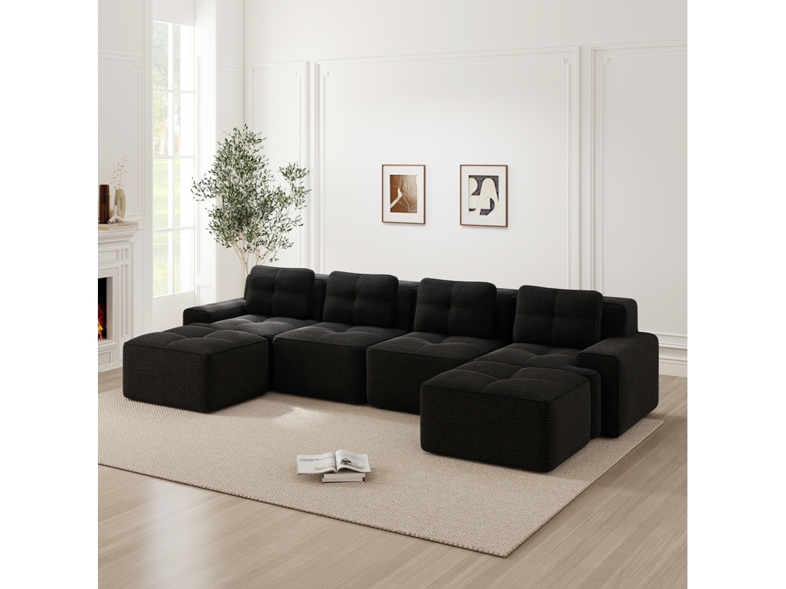 Sofá modular MOBRIO de 4 plazas con chaise longue en forma de U en terciopelo de pana negro