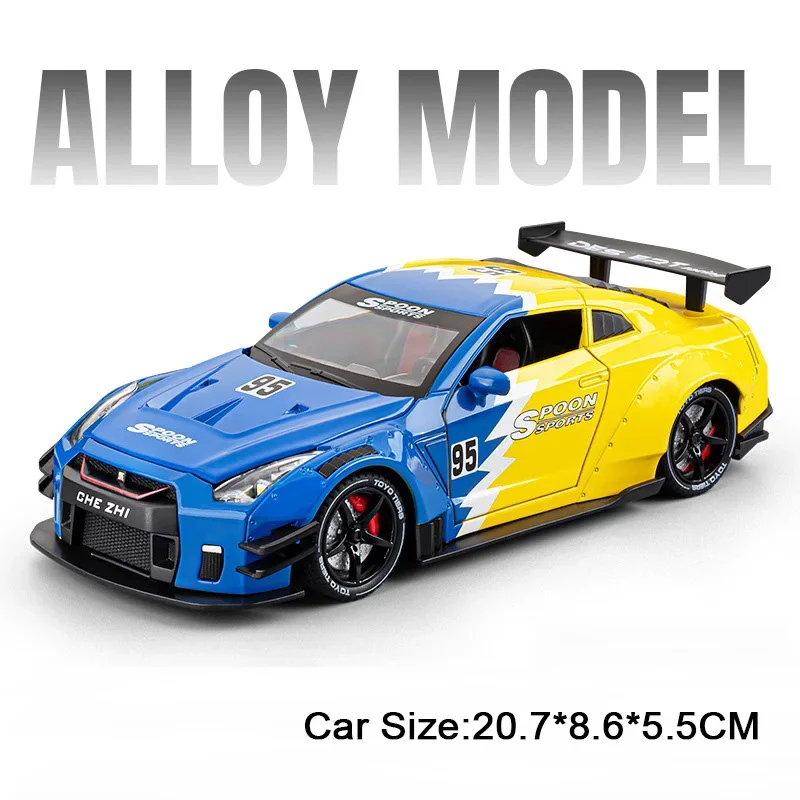 (GTR Azul Spray) Escala 1:24 - Coche de carreras GTR R34 en miniatura, fabricado en aleación de metal fundido a presión, con efectos de sonido y luz.