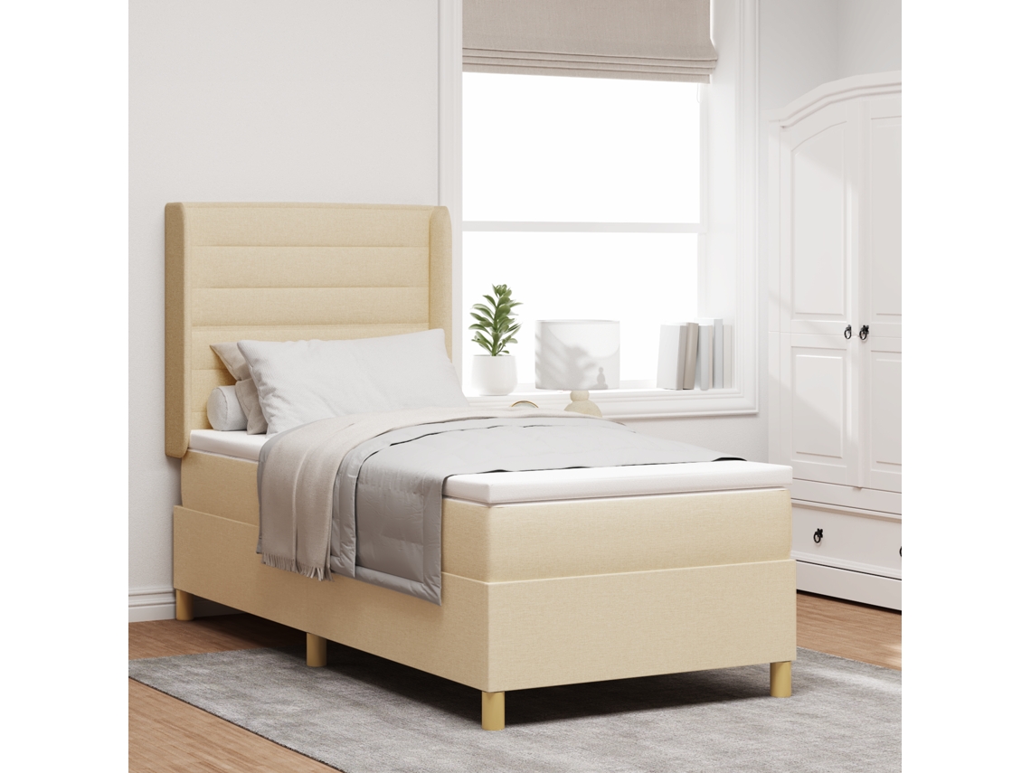 Cama Box Spring Con Colchón Tela Crema 100x200 Cm