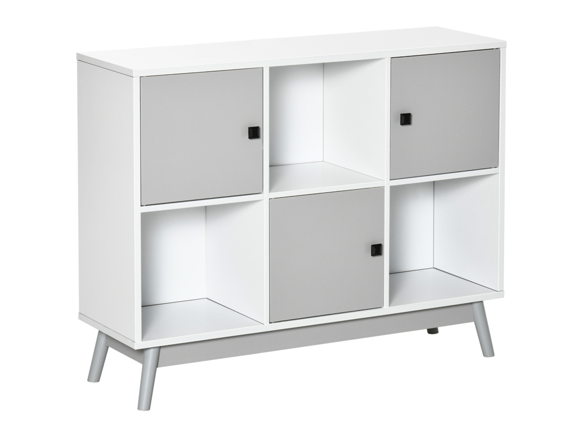 Aparador, Mueble De Almacenamiento Con 3 Puertas Y 3 Compartimentos Abiertos, Patas De Madera De Pino, 96x30x75cm, Blanco Y Gris.