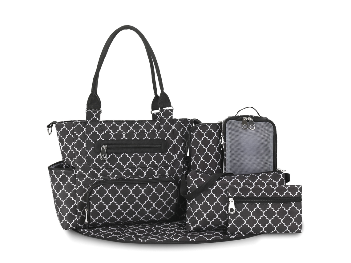 Bolsa de pañales multifuncional a rayas de gran capacidad, ideal para madres y bebés.